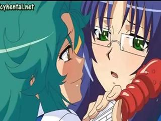 Anime lesbians enjoying a red dildo