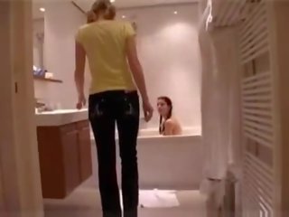 Dutch lesbians have fun in bathroom